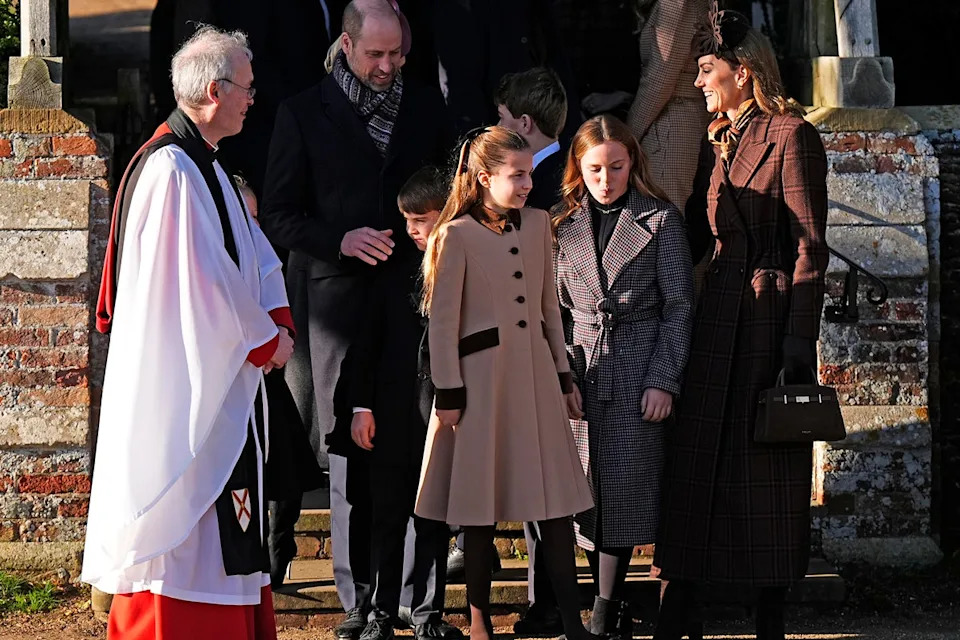 The Prince of Wales (back left) and Prince George (back right) with Prince Louis, Princess Charlotte, Mia Tindall and the Princess of Wales (PA)
