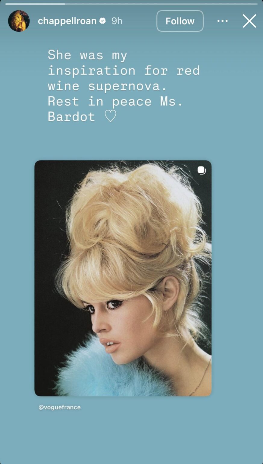Chappell Roan via IG : “She was my inspiration for red wine supernova. Rest in peace Ms. Bardot ♡”