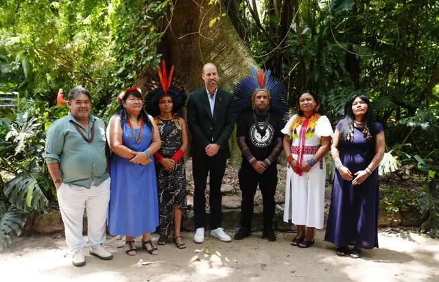 The Prince of Wales alongside representatives and leaders of Indigenous Peoples, who represent the different cultures and biomes of Brazil, during a visit to Museu Emilio Goeldi, Belem, which is the oldest museum in the Amazon