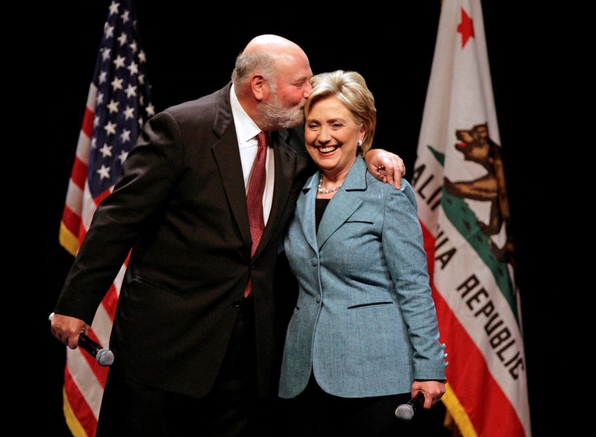 Presidential candidate Sen. Hillary Clinton with Rob Reiner at a fundraising event at the Wilshire Theater in Beverly Hills, California, on April 3, 2008.