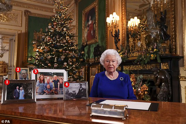 The Queen's Christmas Speech in 2019 featured no image of Prince Harry, instead her photographs were of Charles and Camilla (1), Prince Philip (2), the Cambridges' Christmas card picture (3), and her father George VI (4)