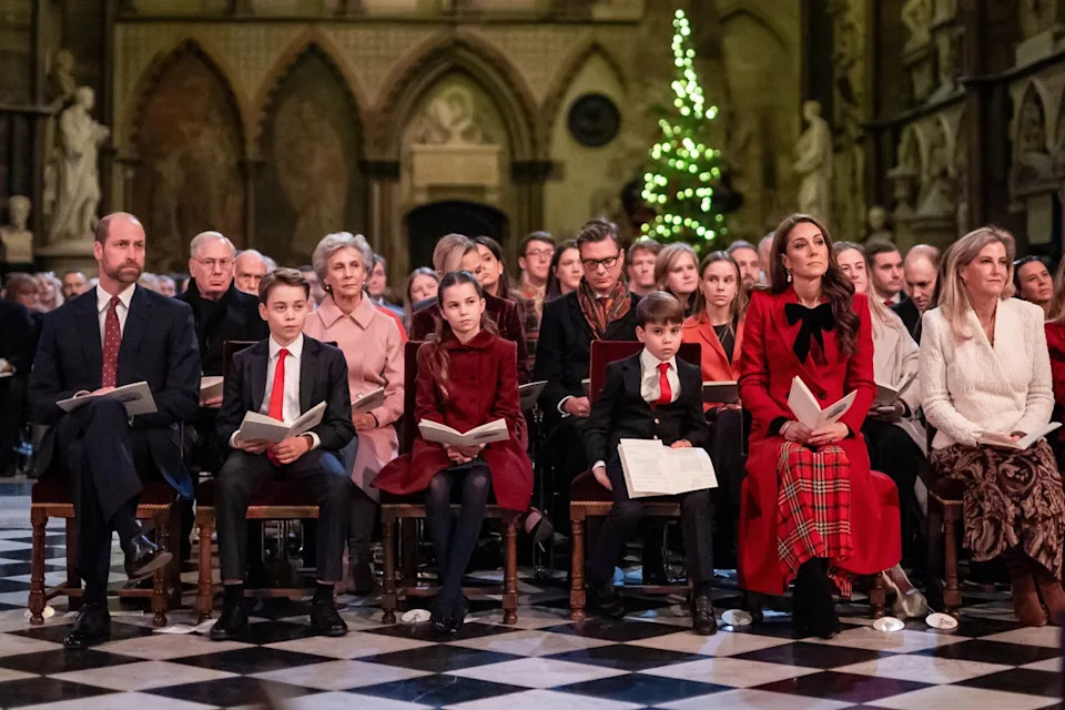 The Prince of Wales, Prince George, Princess Charlotte, Prince Louis, Princess of Wales and the Duchess of Edinburgh during last year’s Together At Christmas carol service (PA)