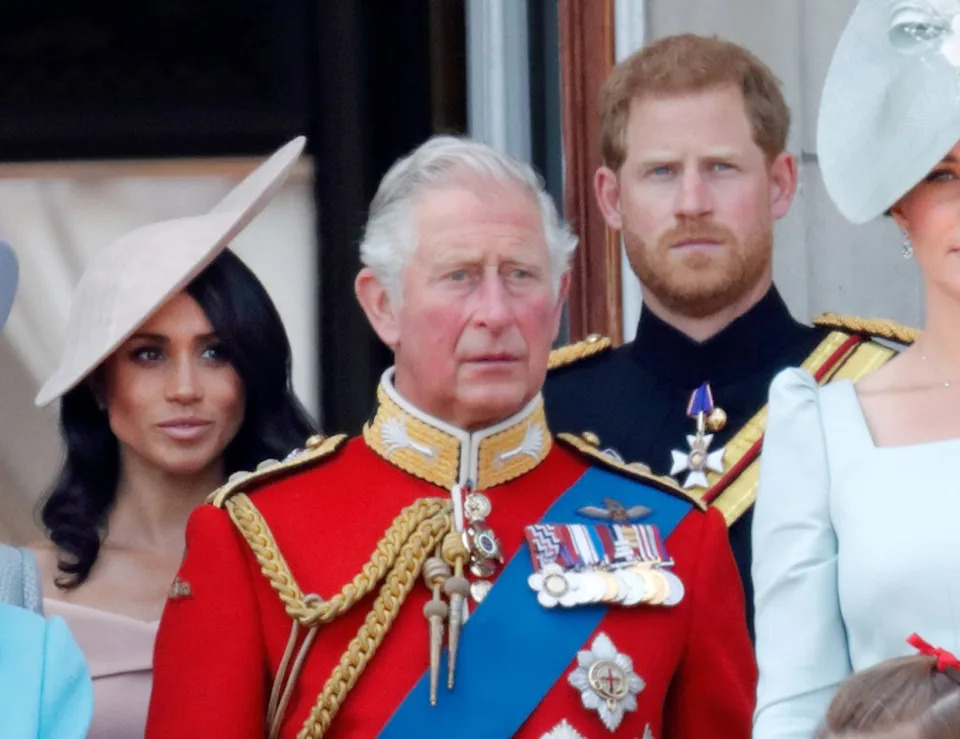 Meghan Markle, Prince Harry and King Charles during Trooping the Colour 2018. Getty Images