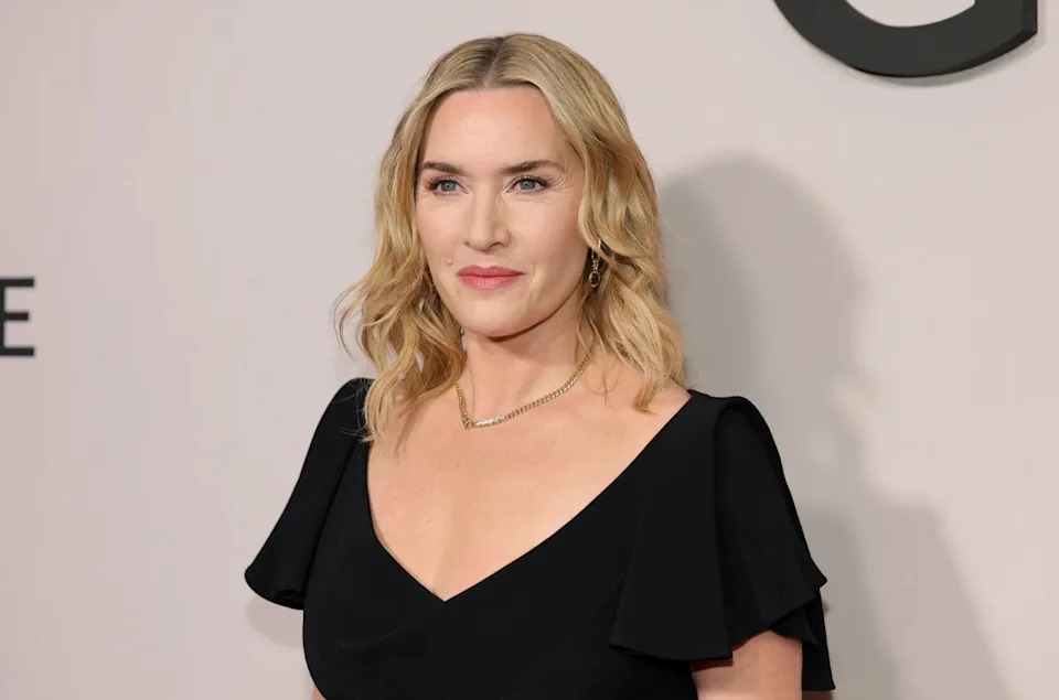 Kate Winslet wore a black V-neck dress while posing on the red carpet at a Hollywood event