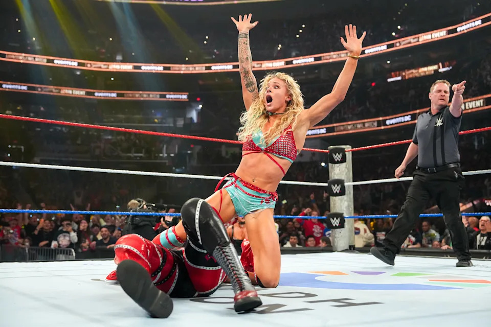 WASHINGTON, DC - DECEMBER 13: Sol Ruca celebrates during Saturday Night's Main Event at Capital One Arena on December 13, 2025 in Washington DC. (Photo by Rich Freeda/WWE via Getty Images)