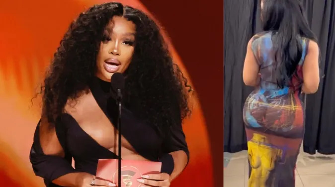 Side-by-side photos of SZA appearing at an awards event and later sharing a personal photo after discussing her cosmetic surgery