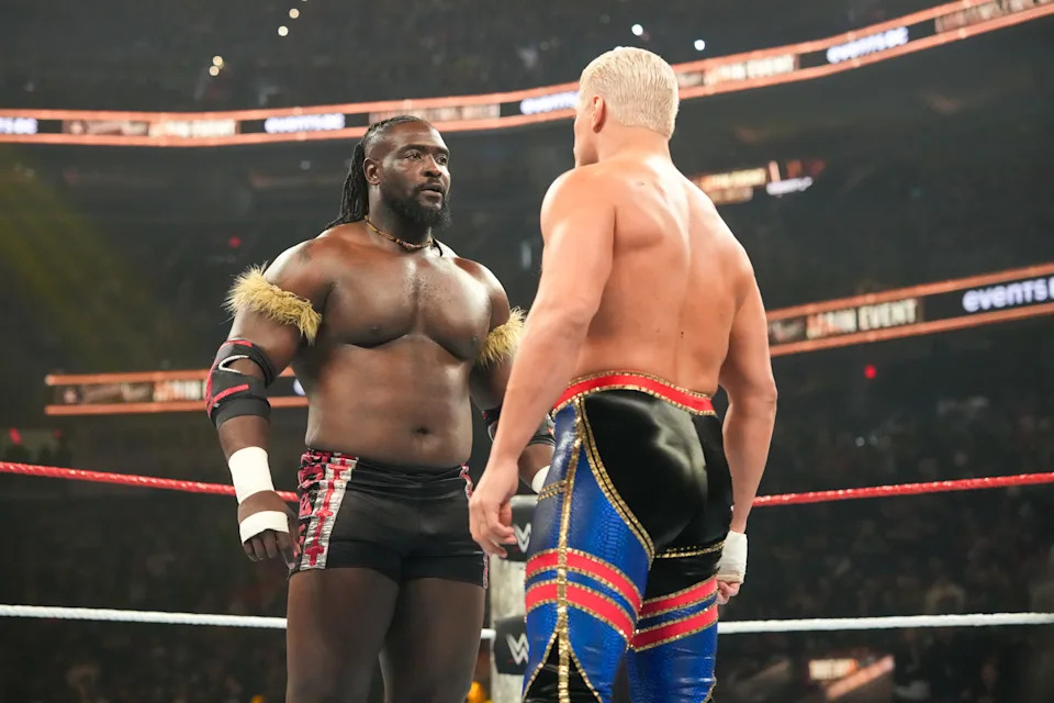 WASHINGTON, DC - DECEMBER 13: Oba Femi and Cody Rhodes face off during Saturday Night's Main Event at Capital One Arena on December 13, 2025 in Washington DC. (Photo by Rich Freeda/WWE via Getty Images)