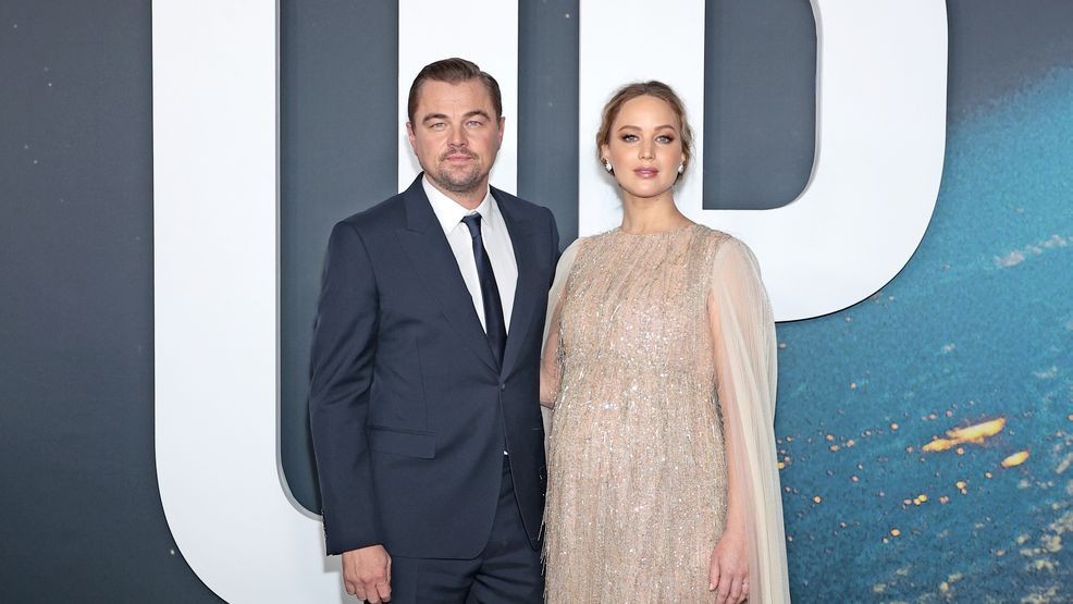 Leonardo DiCaprio (L) and Jennifer Lawrence attend the "Don't Look Up" World Premiere in 2021.{ } (Photo by Dimitrios Kambouris/Getty Images for Netflix)