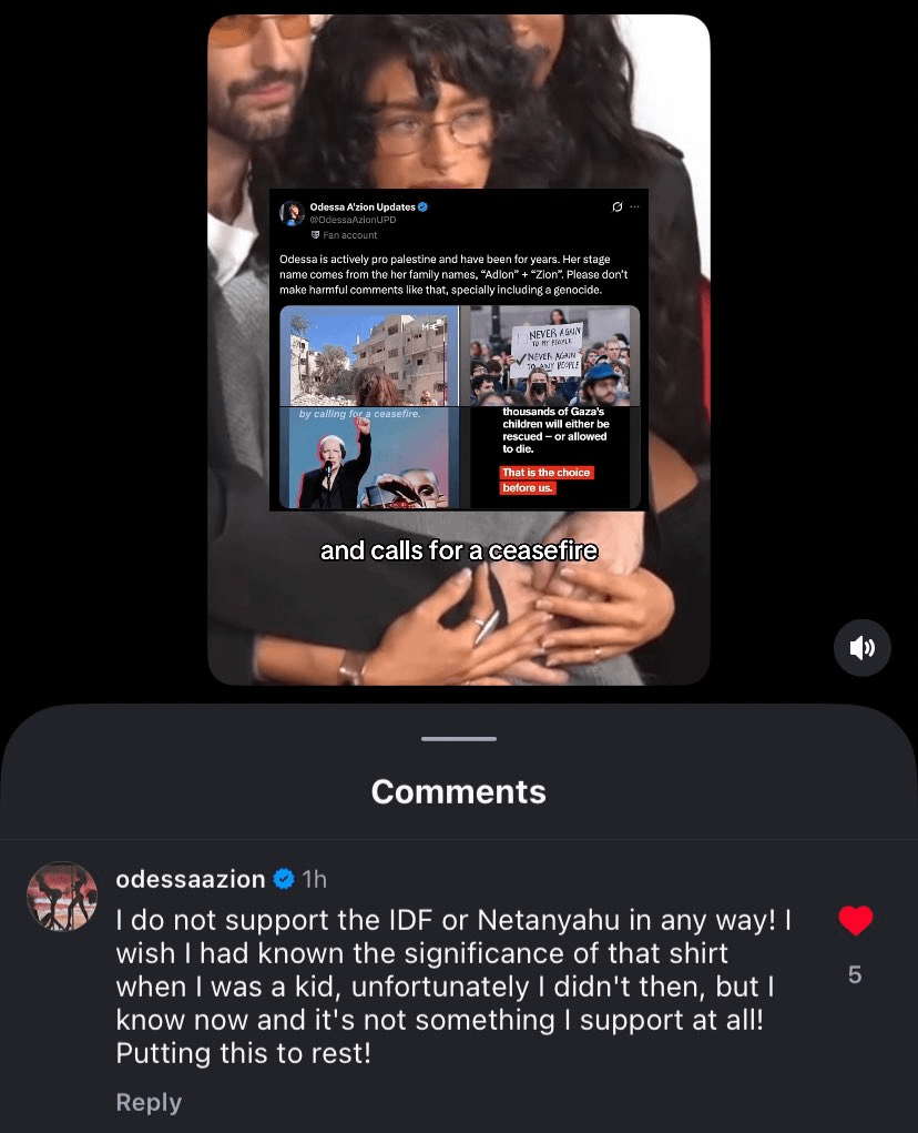 Odessa A’zion further addresses accusations that she is a Zionist: “I do not support the IDF or Netanyahu in any way!"