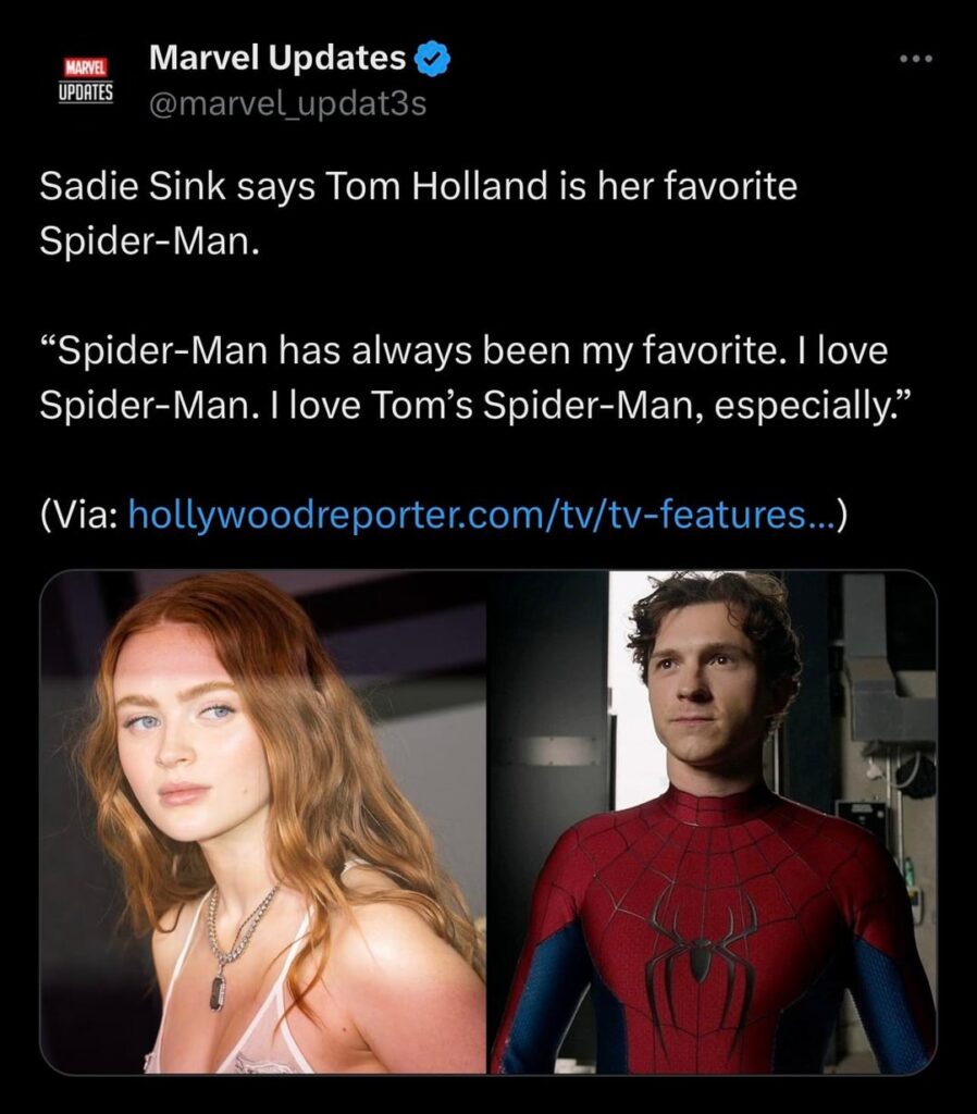 Sadie Sink says Tom Holland is her favorite Spider-Man