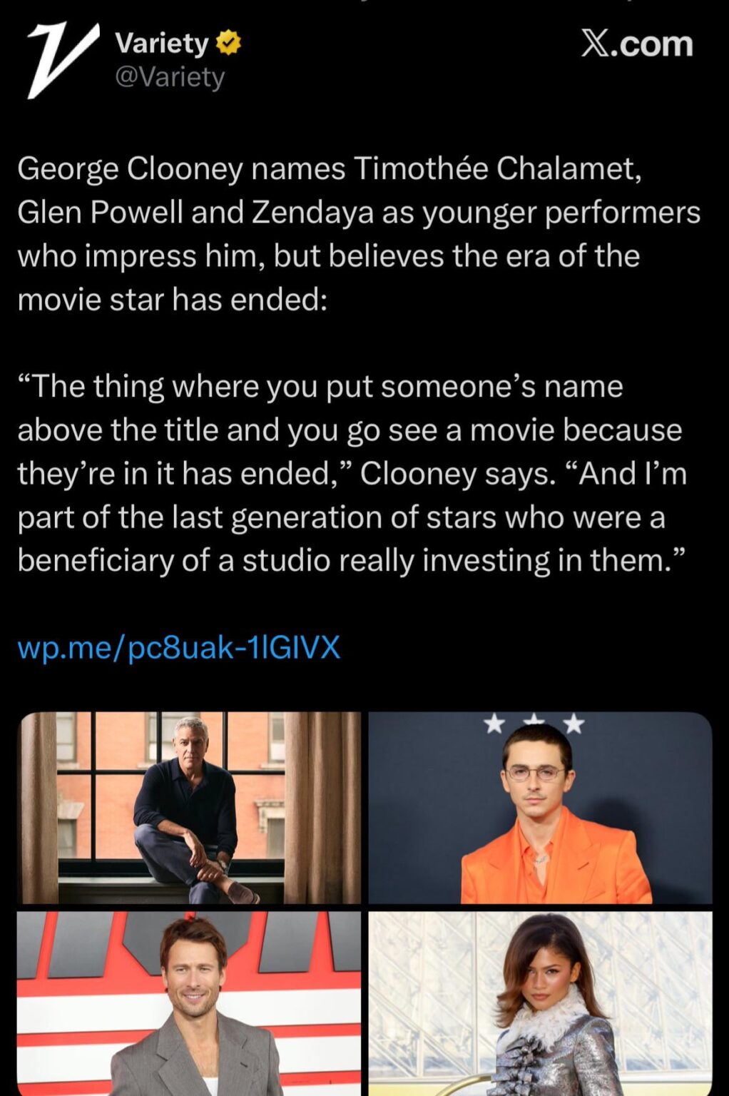 George Clooney names Timothée Chalamet, Glen Powell and Zendaya as younger performers who impress him, but believes the era of the movie star has ended