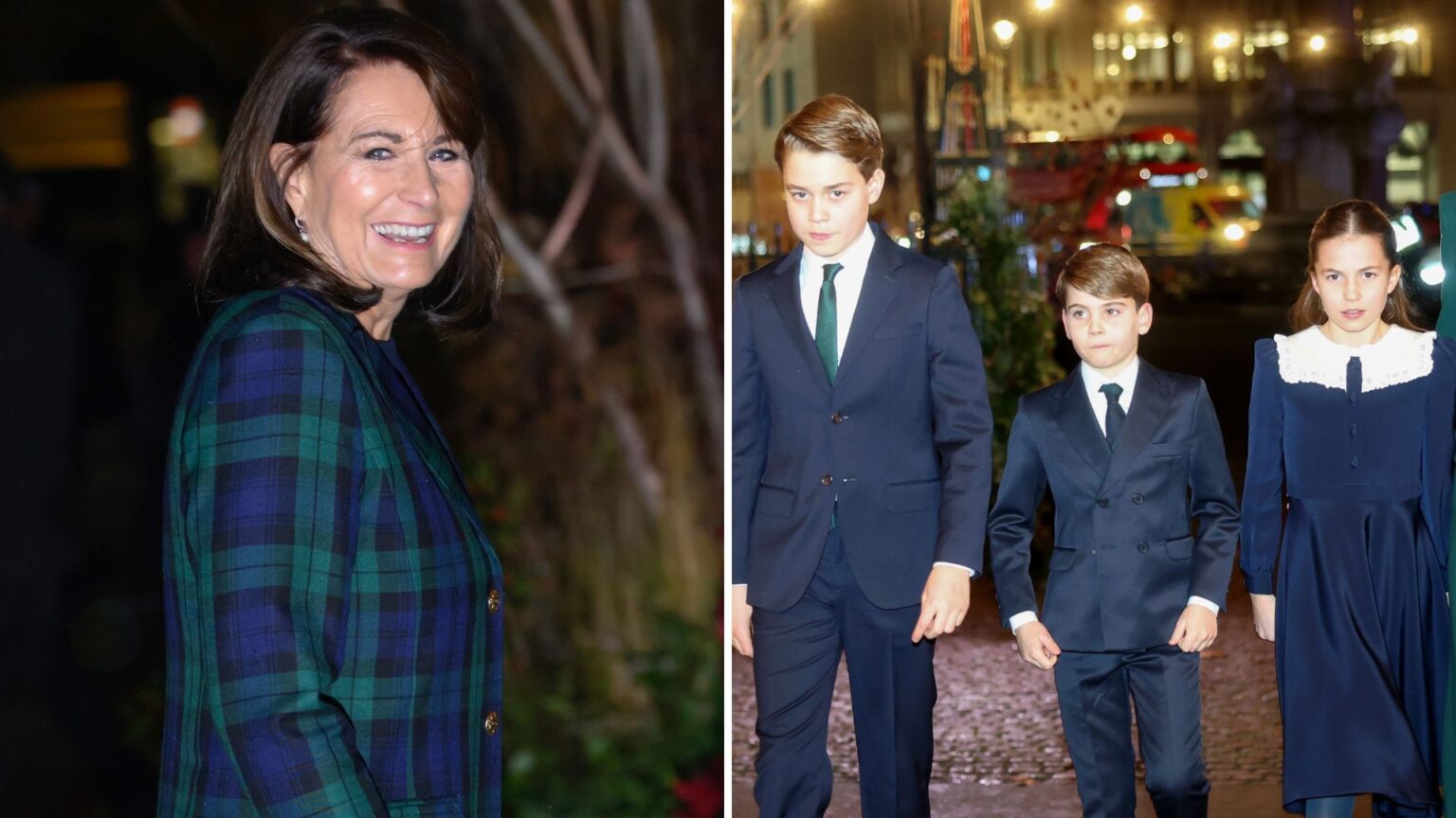 Carole Middleton’s Christmas tree tradition for her grandchildren Composite of a picture of Carole Middleton attending the Together at Christmas service 2025 and a picture of Prince George, Charlotte and Louis arriving for the same event