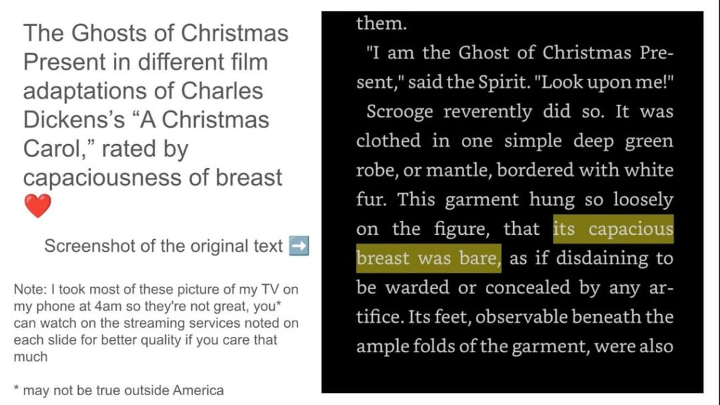 The Ghosts of Christmas Present in different film adaptations of Charles Dickens’s “A Christmas Carol,” rated by capaciousness of breast ❤️