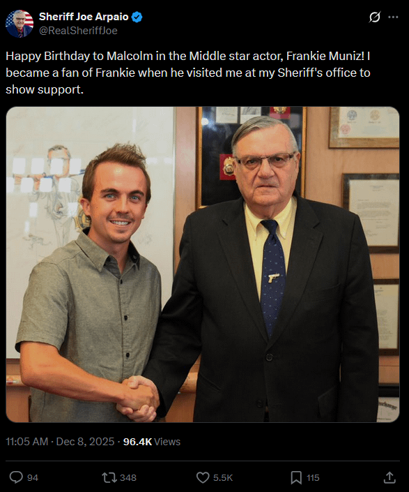 Frankie Muniz receives birthday wishes from racist ex-sheriff Joe Arpaio