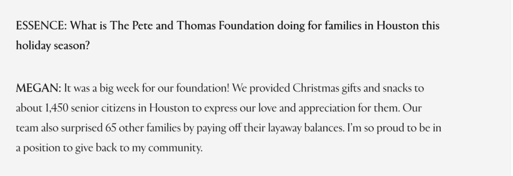 Megan Thee Stallion’s Pete and Thomas Foundation provided Christmas gifts to about 1,450 senior citizens in Houston and paid off layaway balances for 65 families