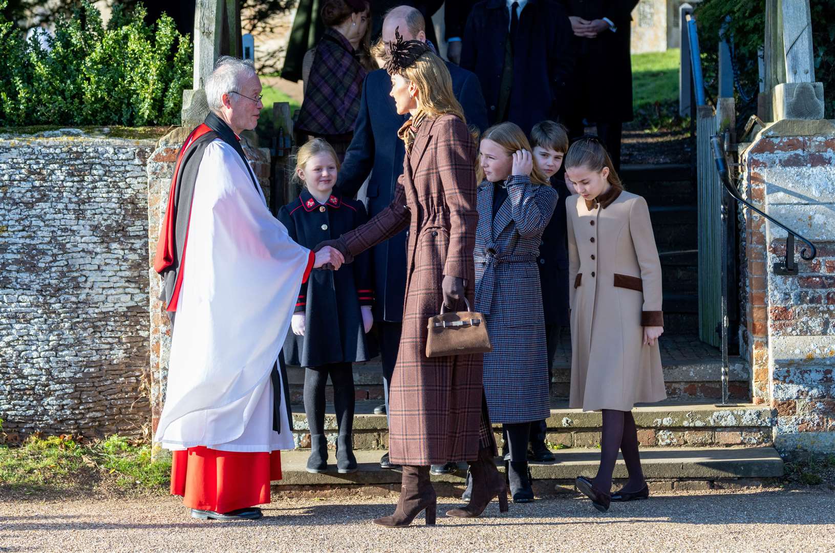 PIC BY GEOFF ROBINSON PHOTOGRAPHY 07976 880732. Picture dated December 25th shows the Royal Family attending Christmas morning service at St Mary Magdalene church in Sandringham. Picture shows Camilla, Prince William, Prince of Wales, Catherine, Princess of Wales and Prince George, Prince Louis and Princess Charlotte.