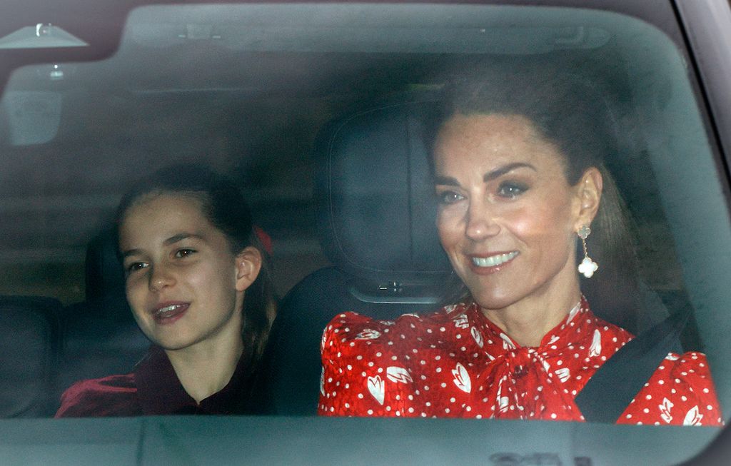 Princess Charlotte and the Princess of Wales on the way to a Christmas Lunch for members of the Royal Family, hosted by King Charles III, at Buckingham Palace on December 16, 2025 in London, England