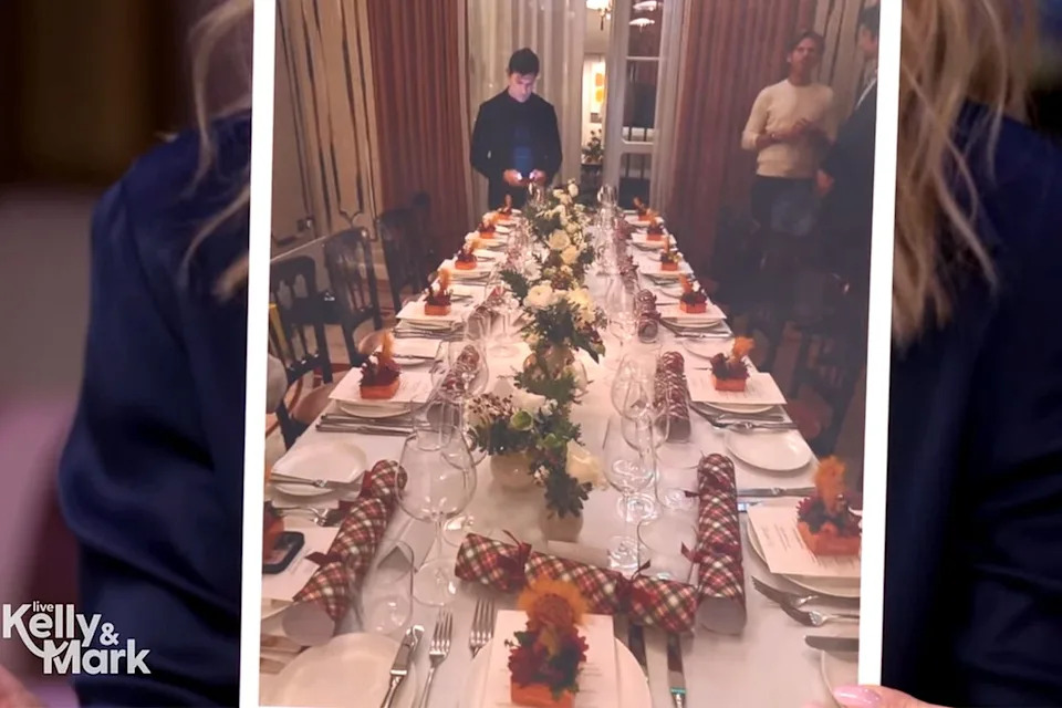 ABC Kelly Ripa and Mark Consuelos show off the London hotel dinner table at which they celebrated Thanksgiving