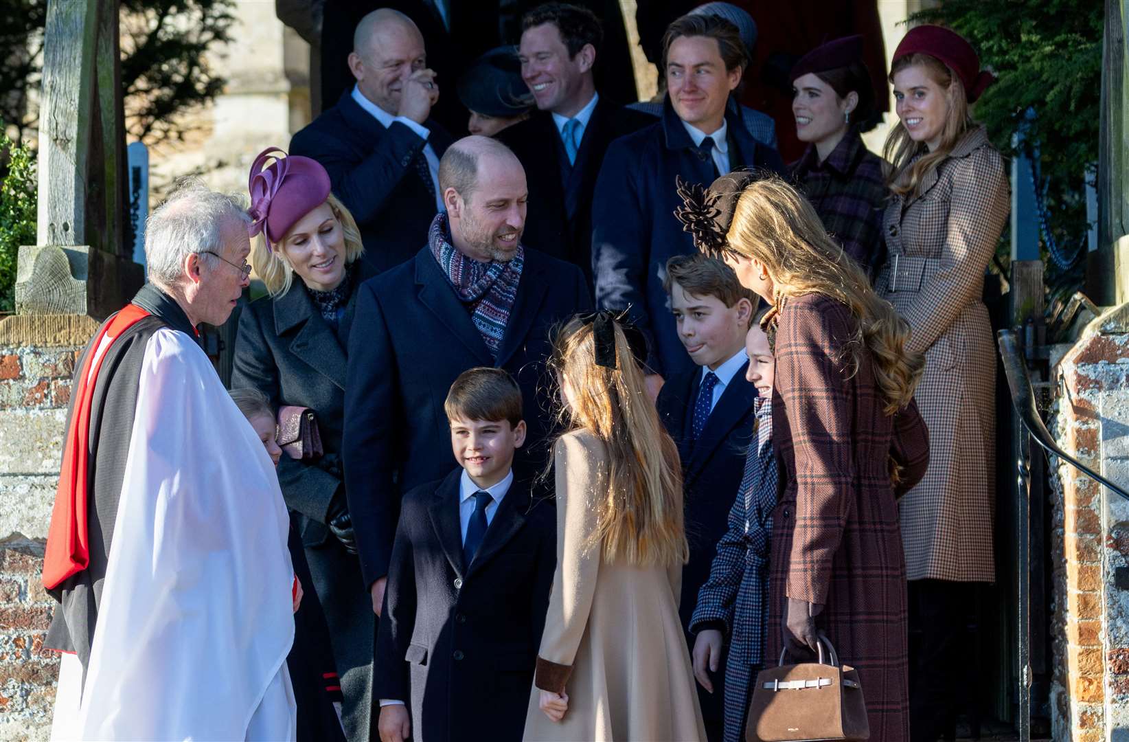 PIC BY GEOFF ROBINSON PHOTOGRAPHY 07976 880732. Picture dated December 25th shows the Royal Family attending Christmas morning service at St Mary Magdalene church in Sandringham. Picture shows Prince William, Prince of Wales, Catherine, Princess of Wales and Prince George, Prince Louis and Princess Charlotte.