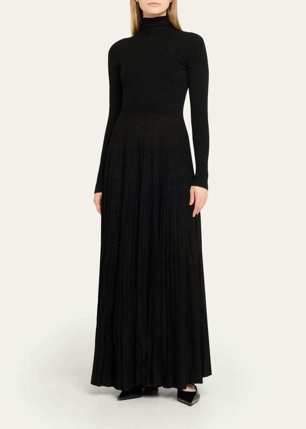 Rib-Knit Pleated Turtleneck Gown