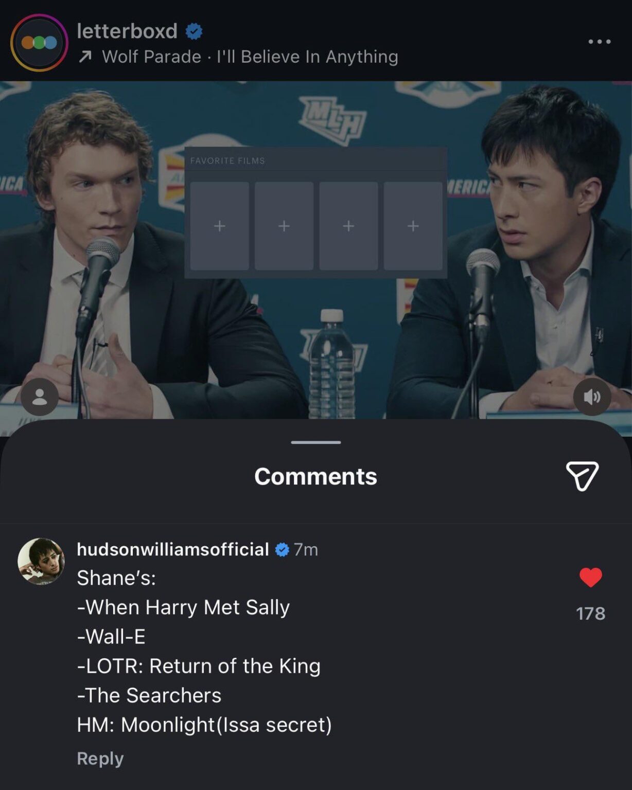Hudson Williams comments on Letterboxd’s IG post where they asked, “what would their 4 favorites be? 🏒”