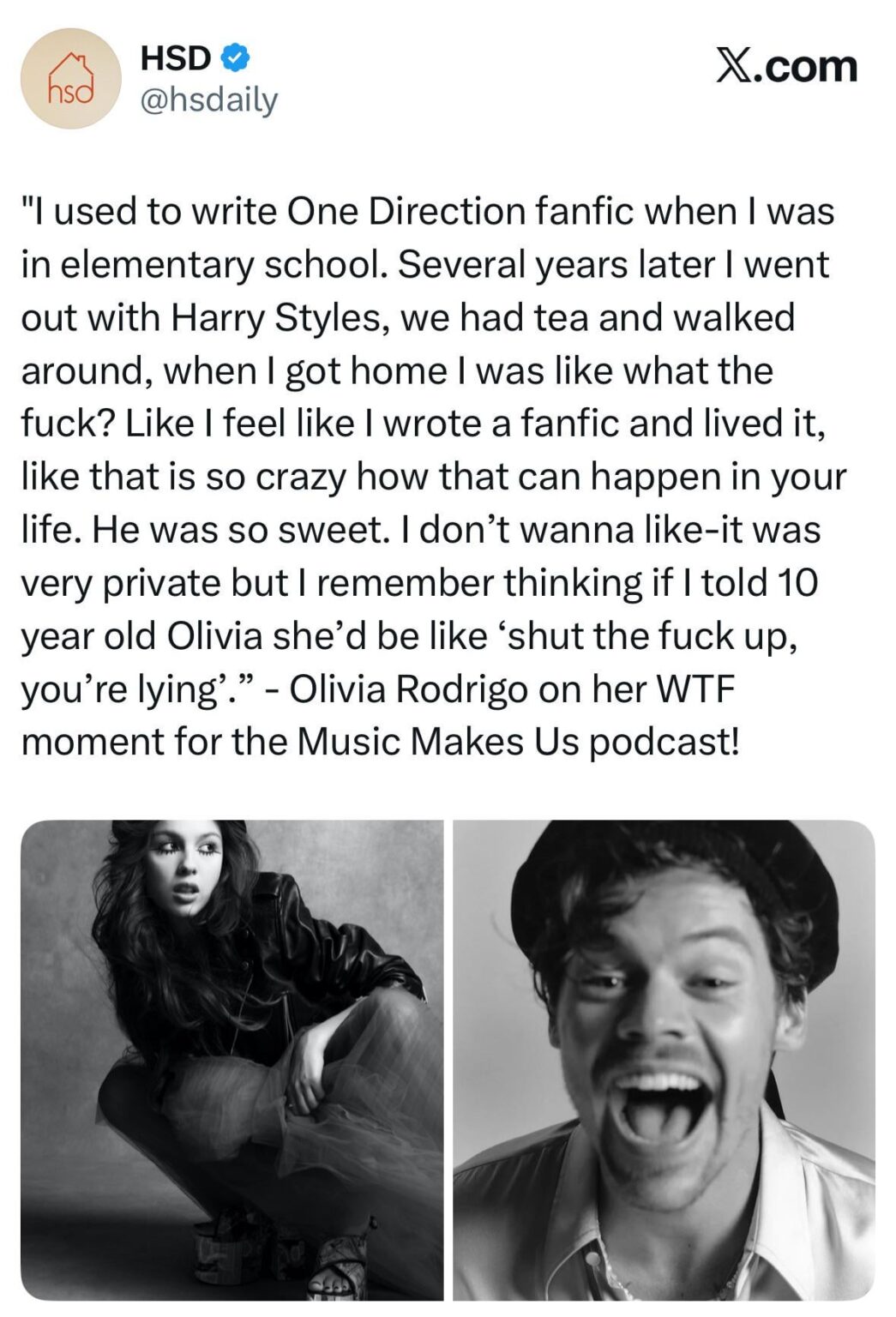 Olivia Rodrigo on hanging out with Harry Styles after writing One Direction fanfiction in elementary school