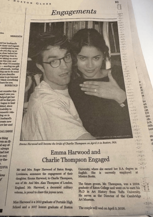 As part of the film marketing for "The Drama", today’s Boston Globe newspaper includes an segment for “the engagement of Emma Harwood and Charlie Thompson”