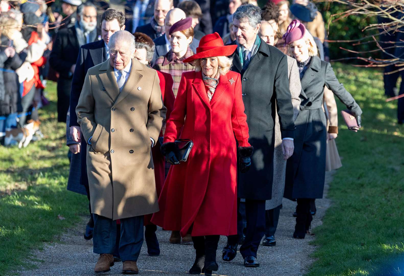PIC BY GEOFF ROBINSON PHOTOGRAPHY 07976 880732. Picture dated December 25th shows the Royal Family attending Christmas morning service at St Mary Magdalene church in Sandringham. Picture shows King Charles, Queen Camilla, Prince William, Prince of Wales, Catherine, Princess of Wales and Prince George, Prince Louis and Princess Charlotte.