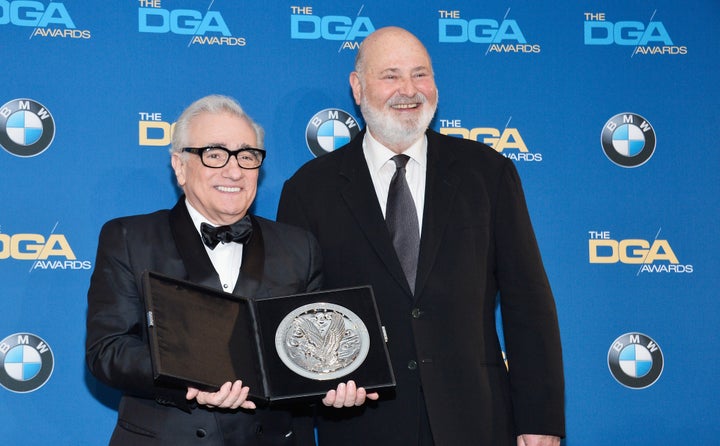 FILE — Director Martin Scorsese (L), recipient of the Feature Film Nomination Plaque for "The Wolf of Wall Street," and actor-director Rob Reiner pose together during the 66th Annual Directors Guild Of America Awards in 2014.