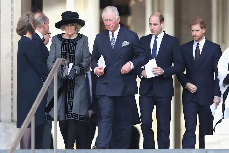 Queen Camilla, King Charles, Prince William and Prince Harry leave St Paul’s Cathedral in London in 2017. Getty Images