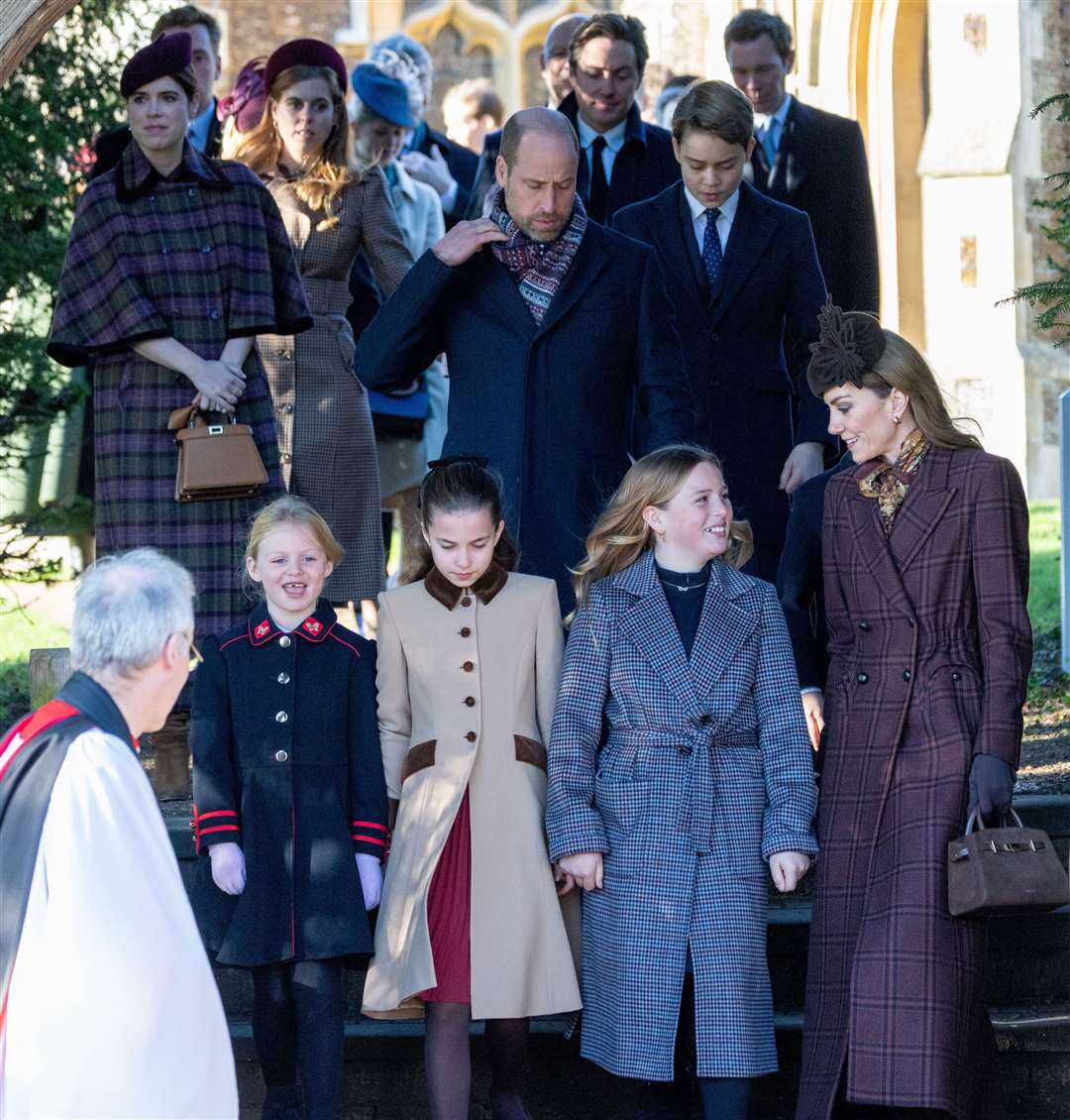 PIC BY GEOFF ROBINSON PHOTOGRAPHY 07976 880732. Picture dated December 25th shows the Royal Family attending Christmas morning service at St Mary Magdalene church in Sandringham. Picture shows King Charles, Queen Camilla, Prince William, Prince of Wales, Catherine, Princess of Wales and Prince George, Prince Louis and Princess Charlotte and Lena (left) and Mia Tindall.