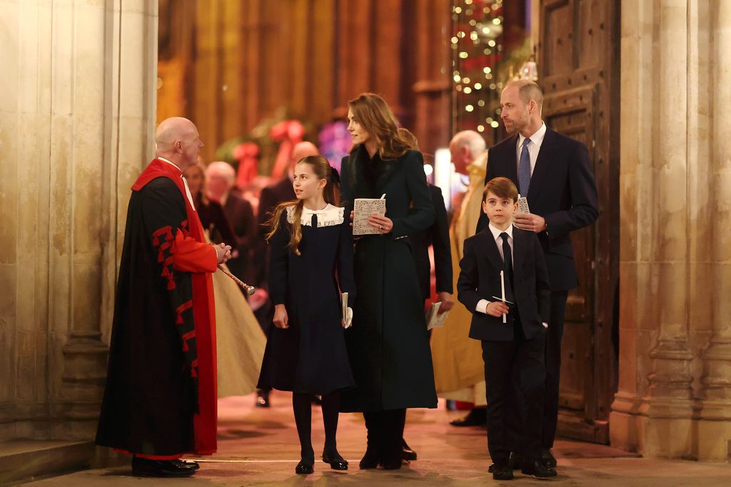Princess Charlotte, Prince George, the Princess of Wales, Prince Louis and Prince William depart from the service