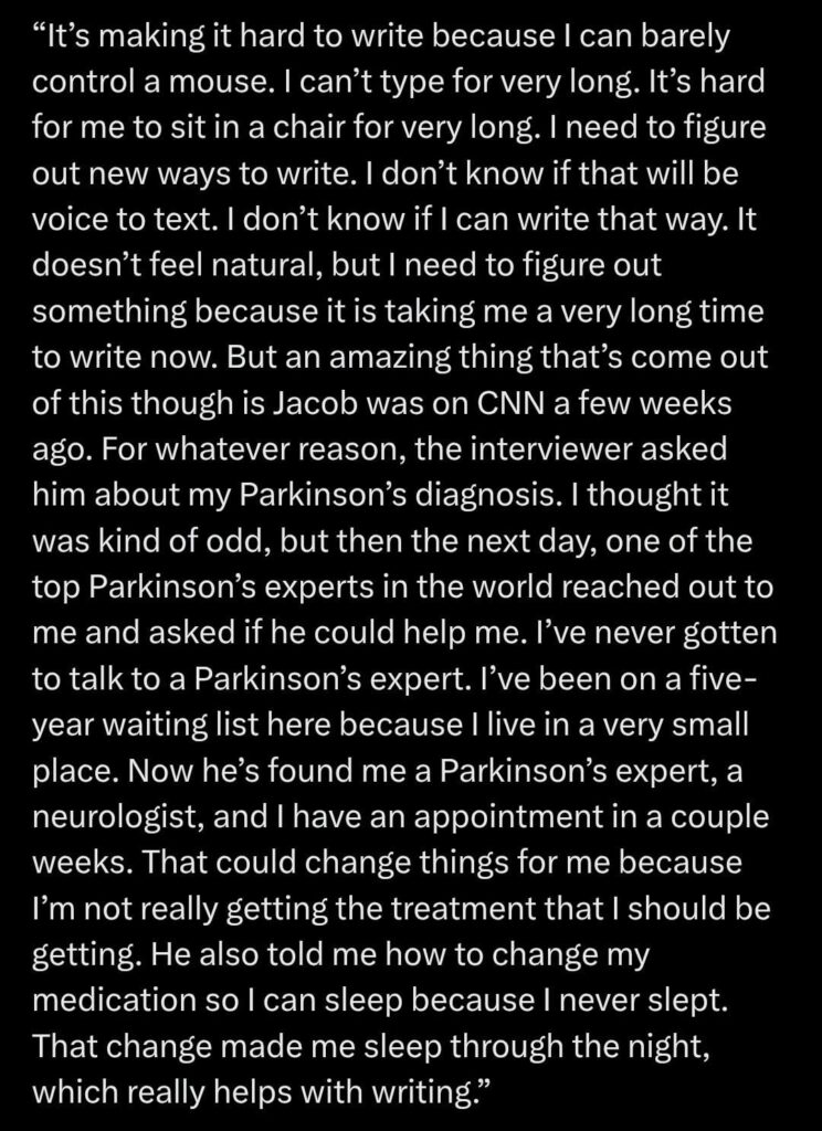 Heated Rivalry author, Rachel Reid, talks about her Parkinson's diagnosis: "It’s making it hard to write because I can barely control a mouse. I can’t type for very long. It’s hard for me to sit in a chair for very long. I need to figure out new ways to write."