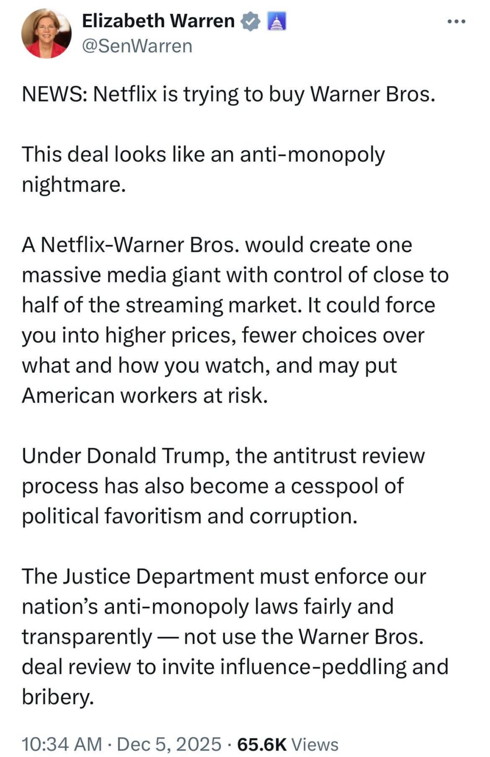 Senator Warren called the Netflix-Warner deal an anti-monopoly nightmare.