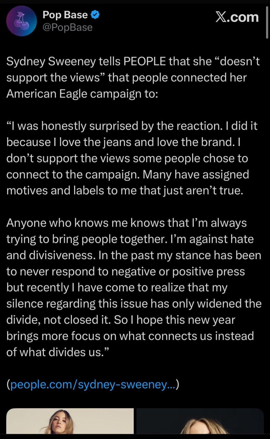 Sydney Sweeney tells PEOPLE that she “doesn’t support the views” that people connected her American Eagle campaign to: