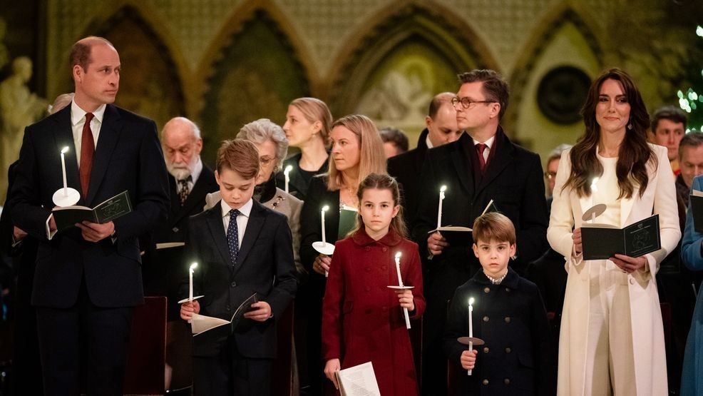 Prince William, Prince of Wales, Prince George, Princess Charlotte, Prince Louis and Catherine, Princess of Wales during the Royal Carols - Together At Christmas service at Westminster Abbey on December 8, 2023 in London, England. (Photo by Aaron Chown - WPA Pool/Getty Images)