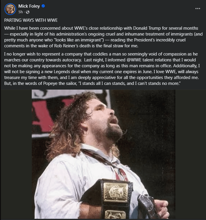 Wrestling Legend Mick Foley cuts ties with WWE over its close relationship with Donald Trump