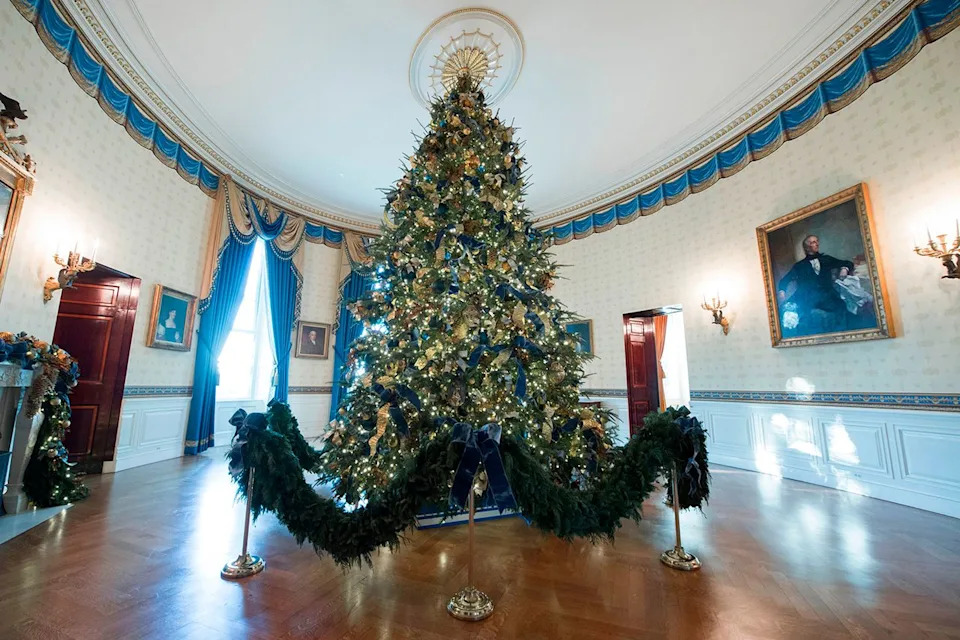 SAUL LOEB/AFP via Getty White House Christmas tree in the Blue Room, 2017