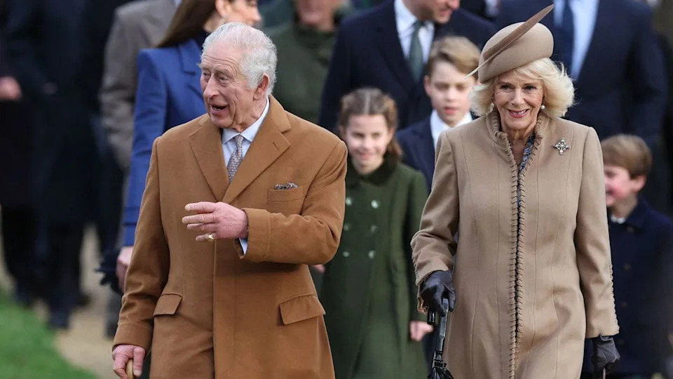 King Charles and Queen Camilla lead the Royal Family arriving at their traditional Christmas Day service at St Mary Magdalene Church in Sandringham, 2023 .