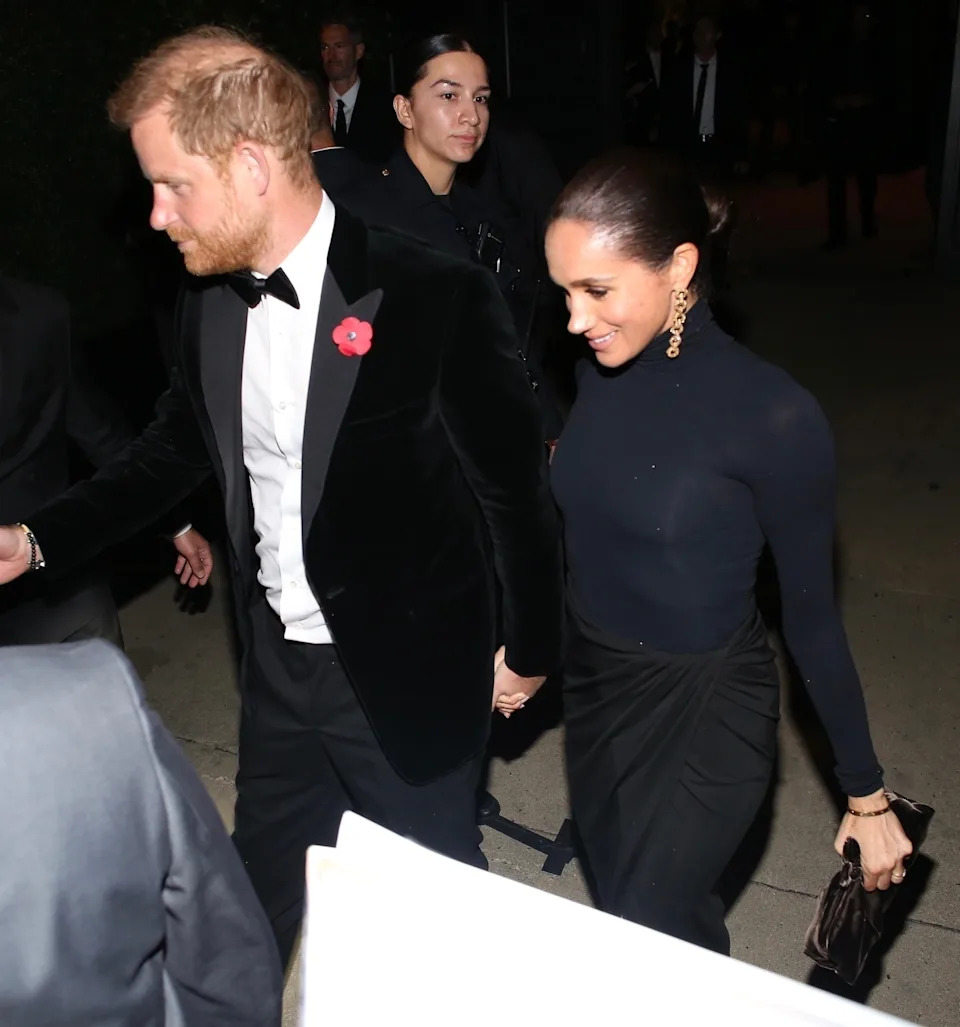 Harry, 41, and Markle, 44, arrived at the bash held at Jeff Bezos and Lauren Sánchez’s $175 million Beverly Hills, Calif., mansion hand in hand. Roger / BACKGRID