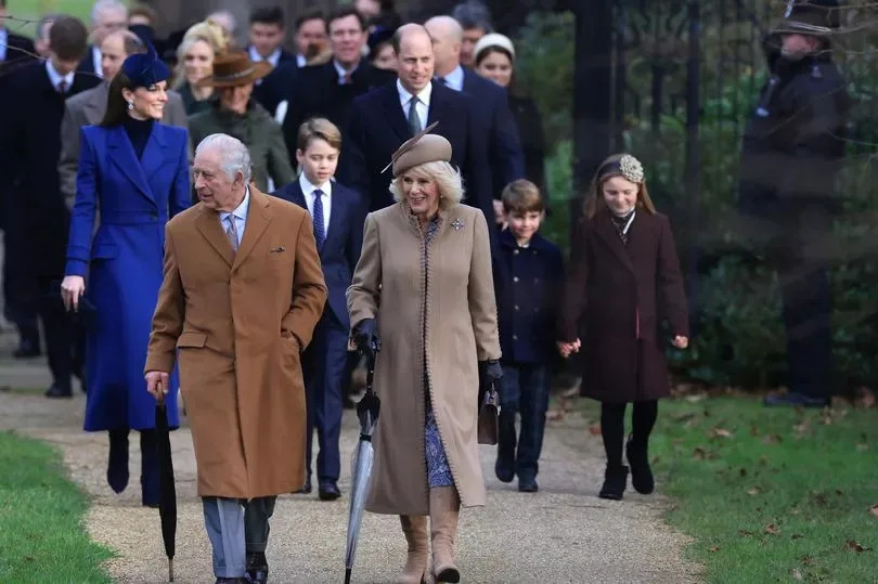 Catherine, Princess of Wales, King Charles III, Prince George, Queen Camilla, Prince William, Prince of Wales, Prince Louis and Mia Tindall attend the Christmas Morning Service at Sandringham Church on December 25, 2023 in Sandringham, Norfolk. (Photo by Stephen Pond/Getty Images)