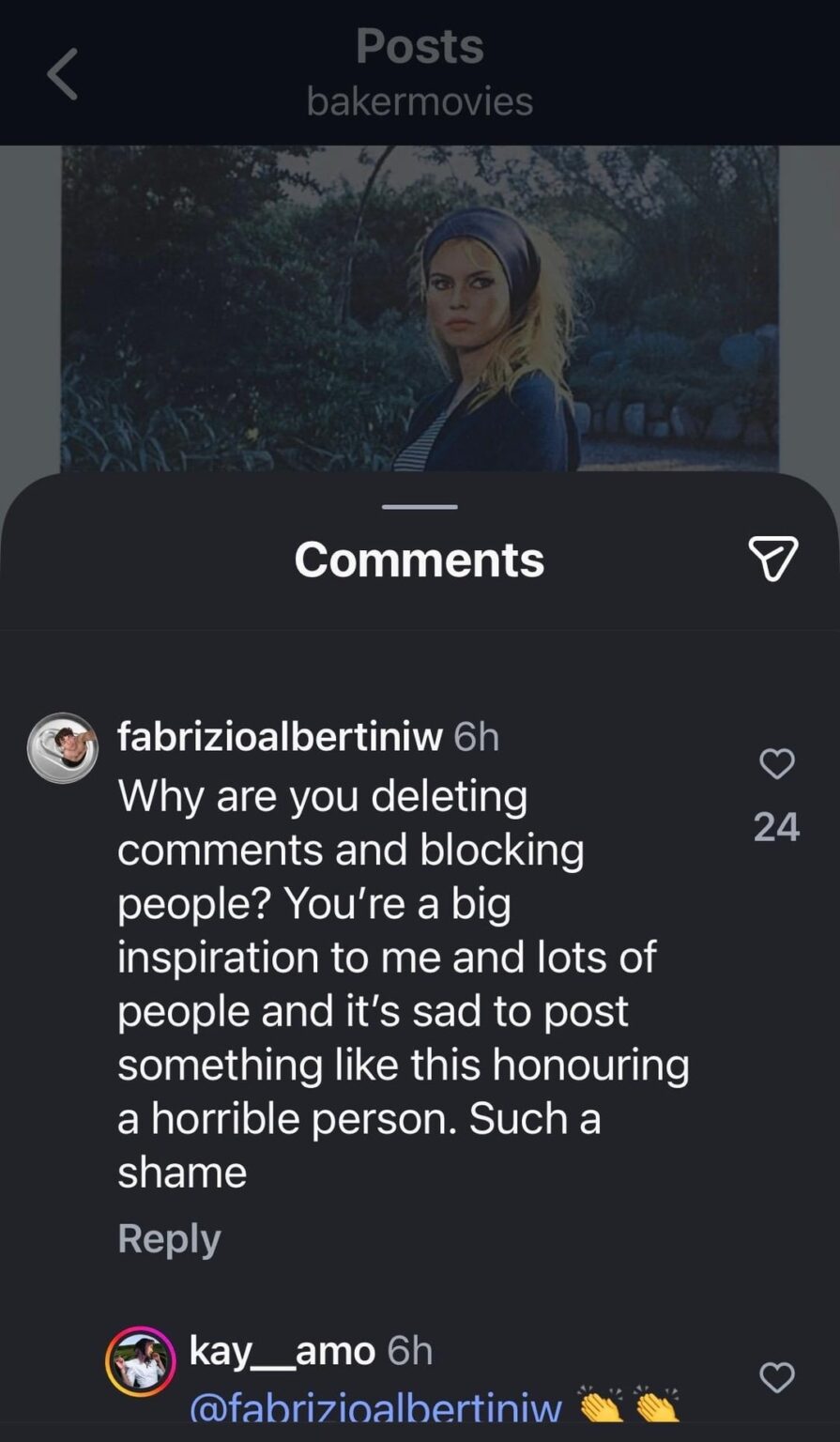 Sean Baker deleting comments and blocking accounts calling out Brigitte Bardot's racism and homophobia on his tribute posts