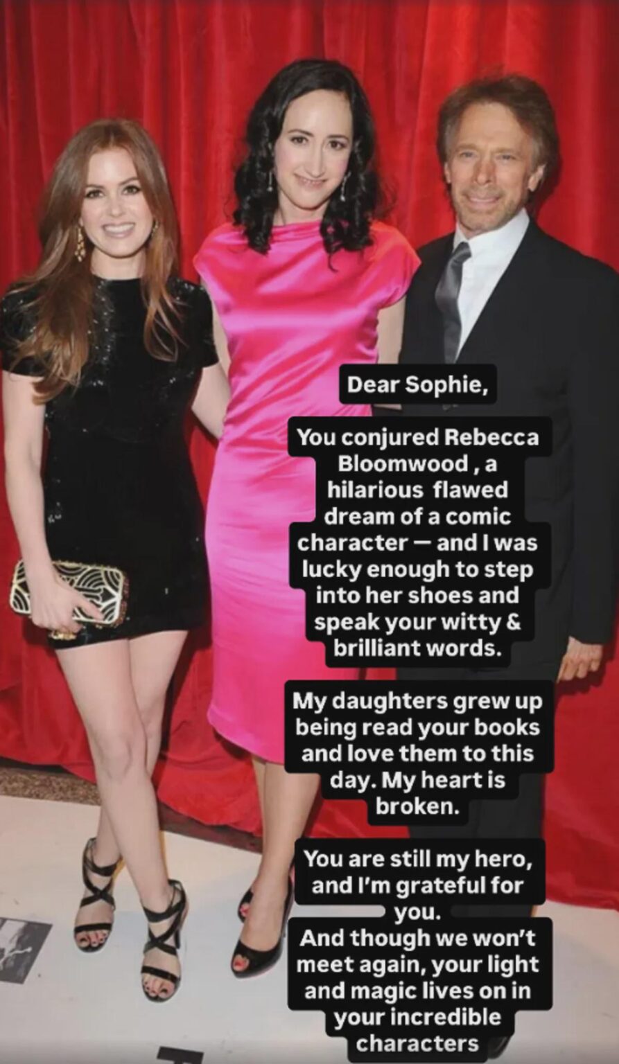 Isla Fischer remembers Confessions of a Shopaholic Author Sophie Kinsella: “ My heart is broken. You are still my hero, and I’m grateful for you. And though we won’t meet again, your light and magic lives on in your incredible characters.” Isla Fischer remembers Confessions of a Shopaholic Author Sophie Kinsella: “ My heart is broken. You are still my hero, and I'm grateful for you. And though we won't meet again, your light and magic lives on in your incredible characters.”