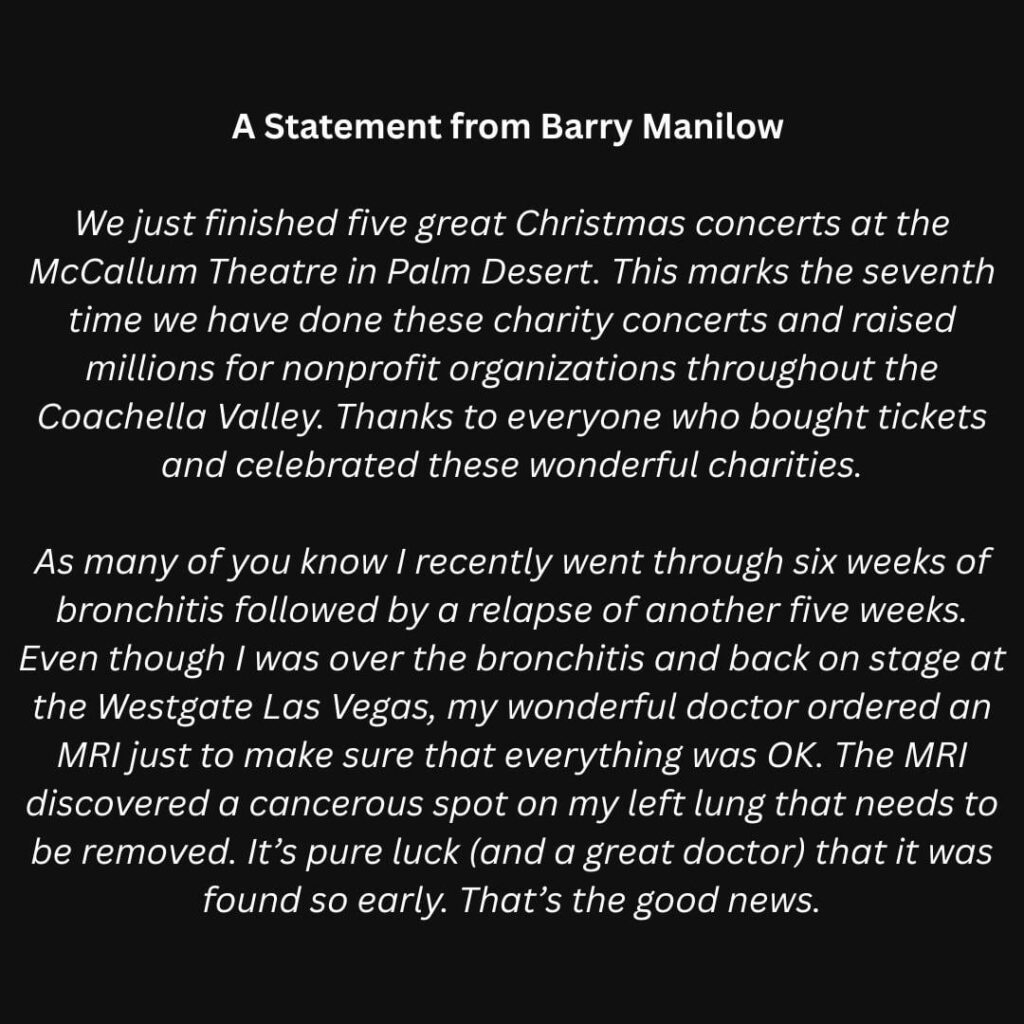 Barry Manilow reveals he is battling lung cancer and will undergo surgery