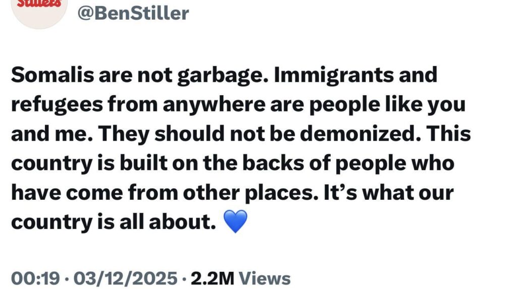 Ben Stiller tweets “Somalis are not garbage. “