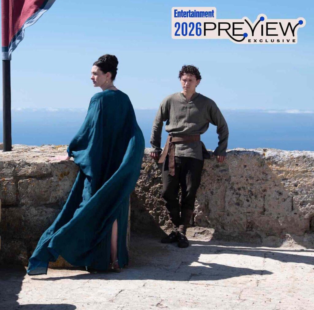 Anne Hathaway and Tom Holland as Penelope and Telemachus in Christopher Nolan’s ‘THE ODYSSEY