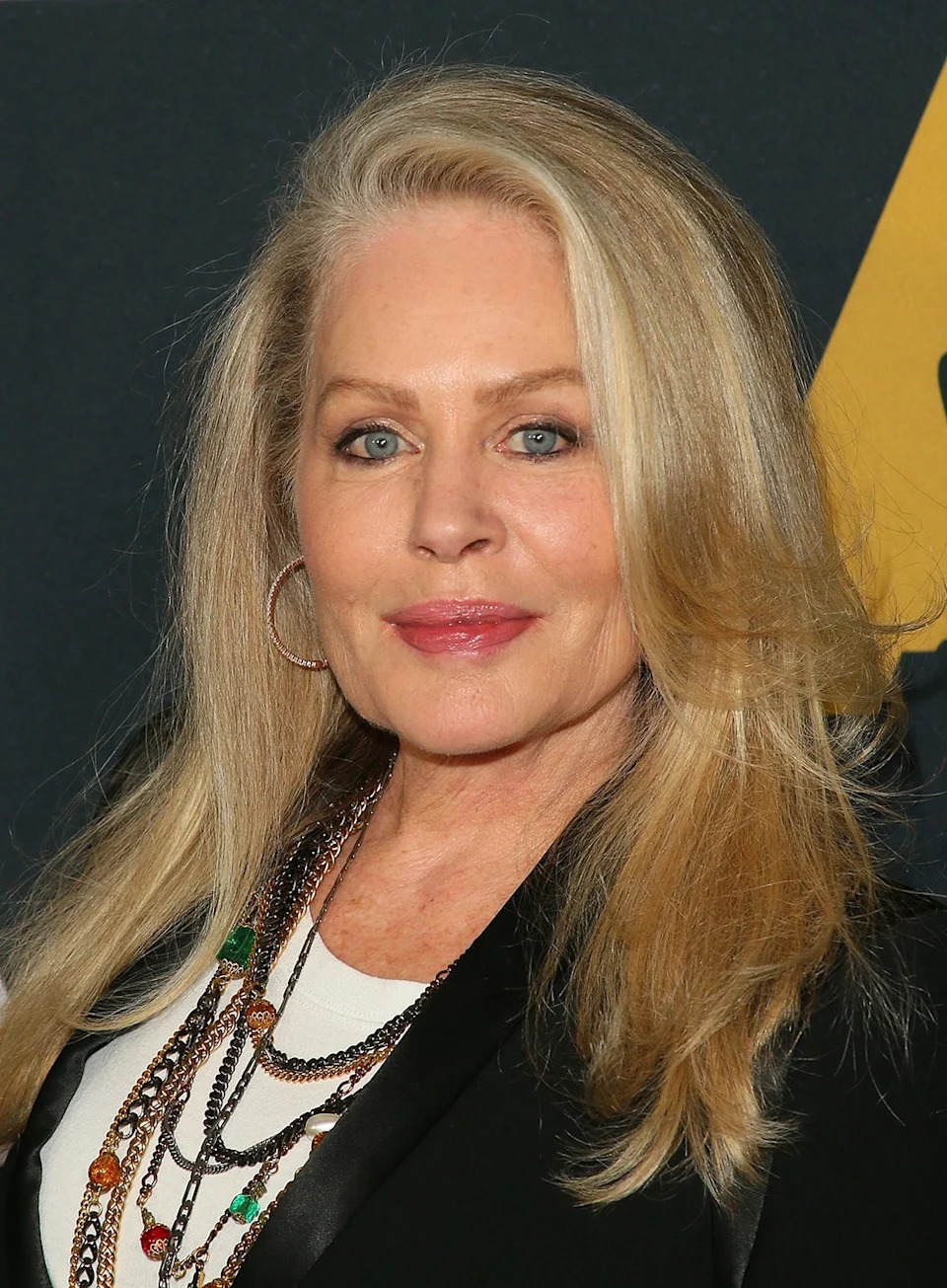 A close-up of Beverly D'Angelo smirking.