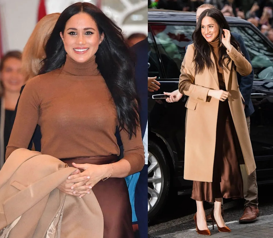 Meghan Markle wearing a camel coat over a brown outfit while arriving at an event