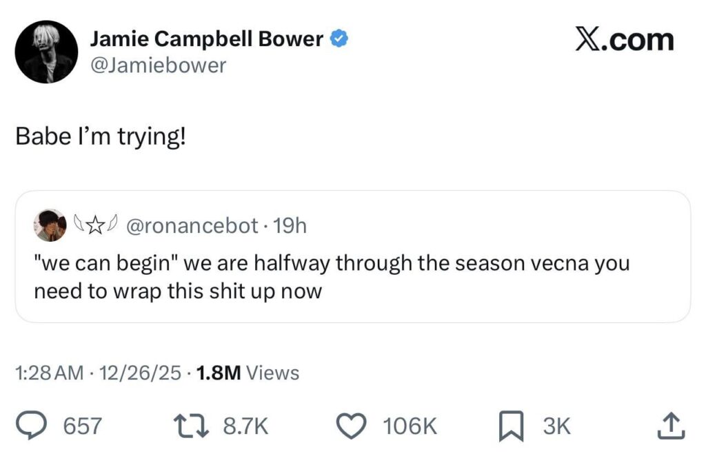Jamie Campbell Bower responds to a ‘Stranger Things’ fan telling Vecna to “wrap this shit up now"