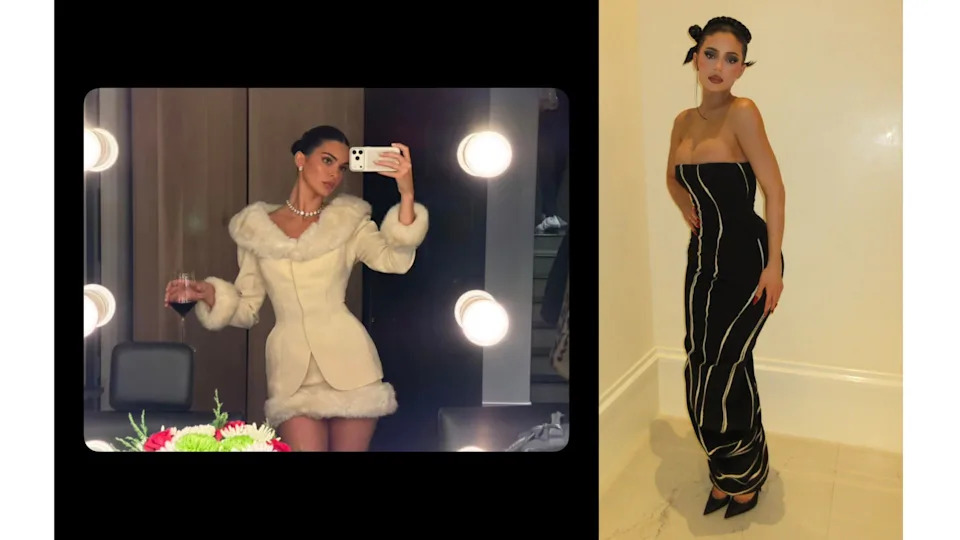 Side-by-side images of Kendall Jenner in a cream mini dress with fur trim and Kylie Jenner in a strapless black gown, shared ahead of the family’s Christmas Eve party.